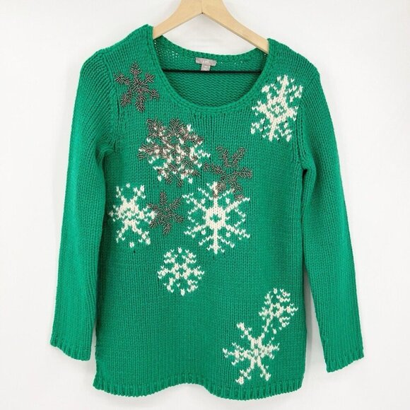 J. Jill Green Mohair Wool Blend Sweater Snowflake Embellishments Size XS - Picture 1 of 7